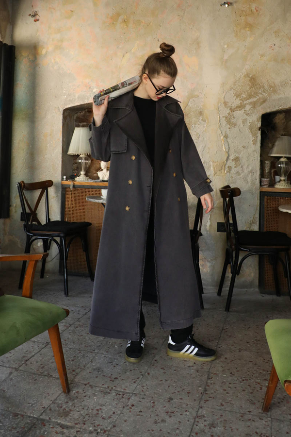 Oversize Denim Trençkot Siyah - 4