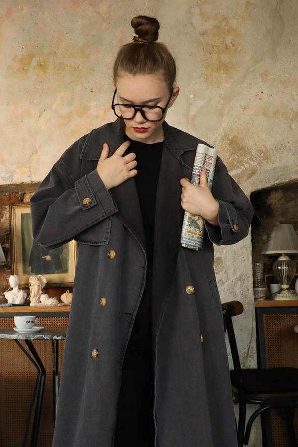 Oversize Denim Trençkot Siyah - 5