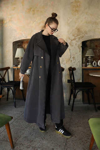 Oversize Denim Trençkot Siyah - 6