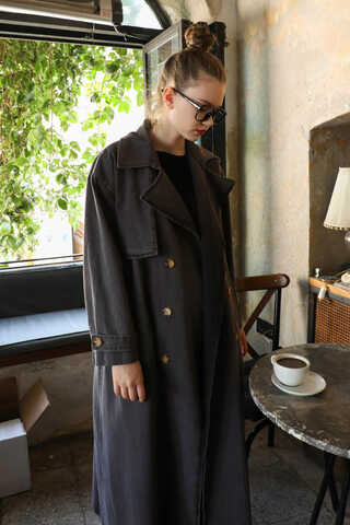 Oversize Denim Trençkot Siyah - 8