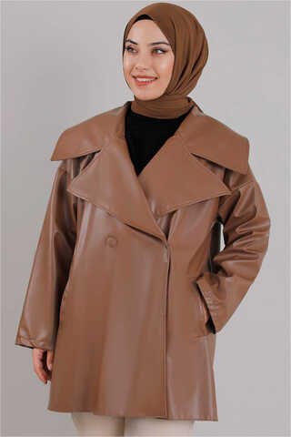 Oversize Deri Ceket Taba - 3