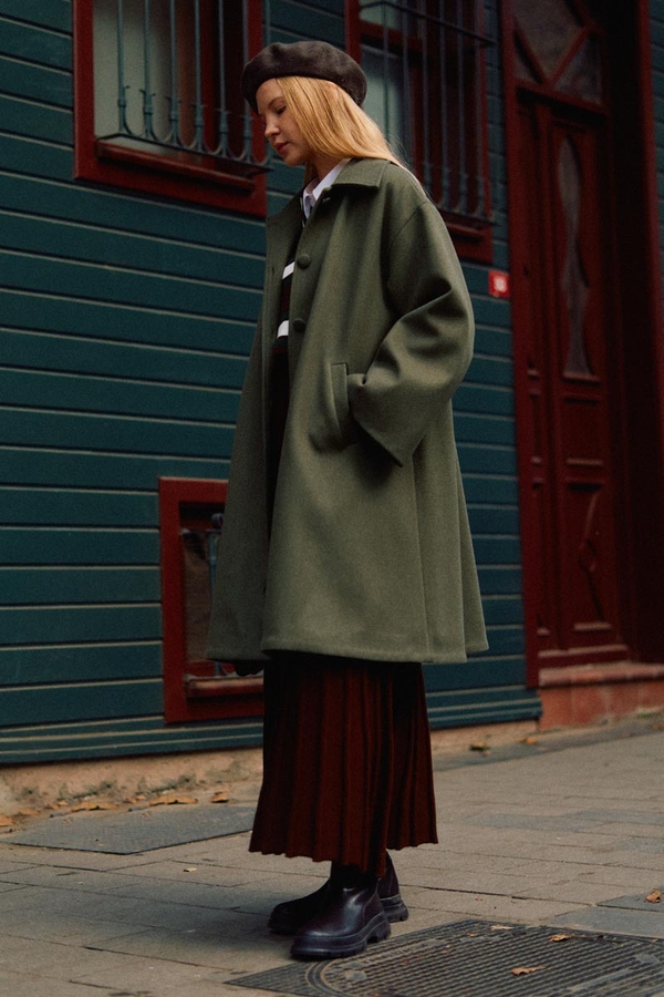 Oversize Düşük Kol Kaban Haki - 3