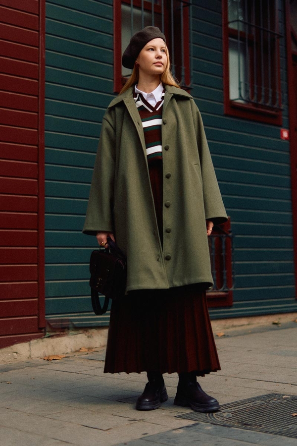 Oversize Düşük Kol Kaban Haki - 4