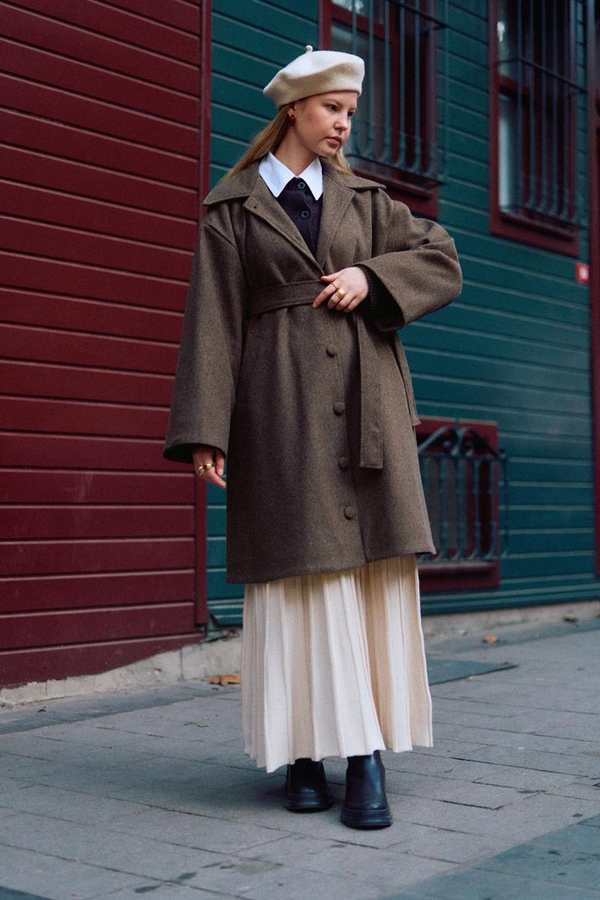 Oversize Düşük Kol Kaban Kahverengi - 6