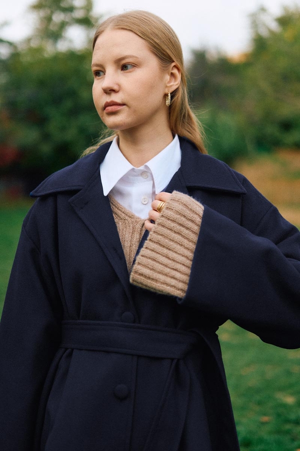 Oversize Düşük Kol Kaban Lacivert - 10