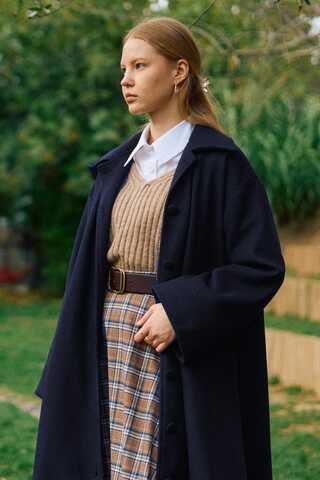 Oversize Düşük Kol Kaban Lacivert - 13