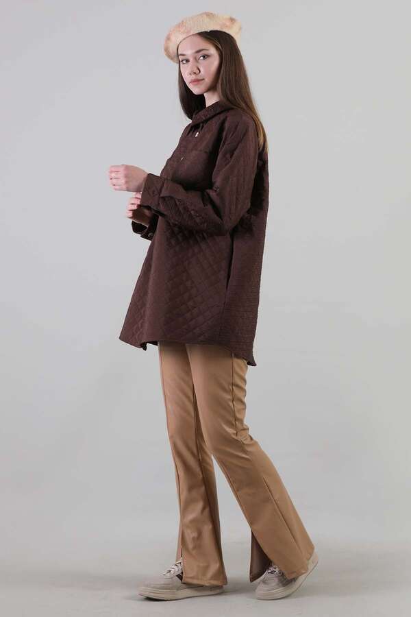 Oversize Kapitone Gömlek Kahve - 4