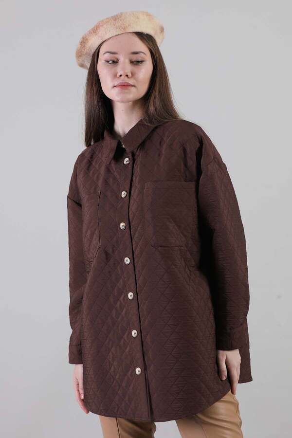 Oversize Kapitone Gömlek Kahve - 5