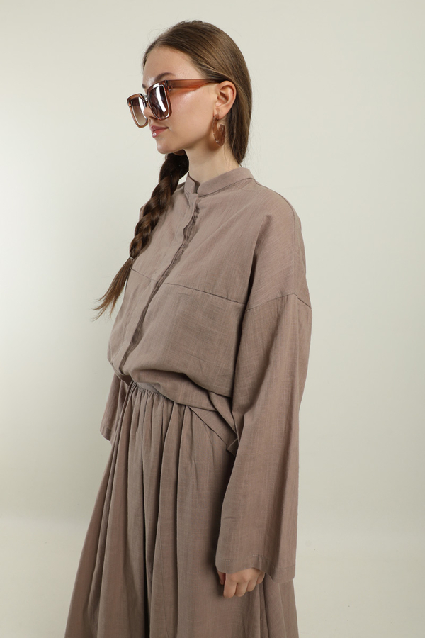 Oversıze Keten Etek Takım Koyu Vizon - 5