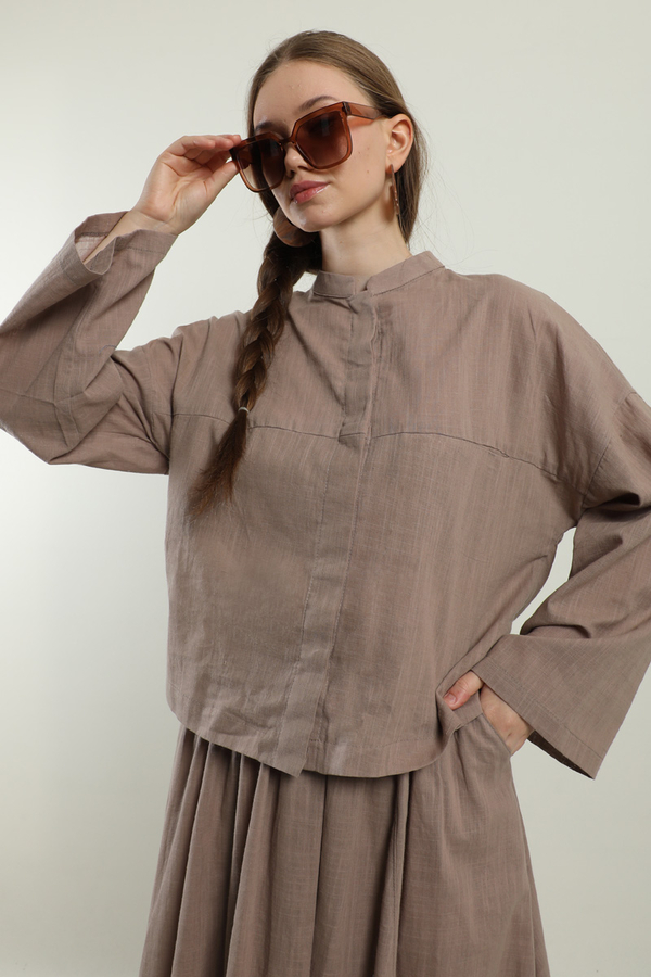 Oversıze Keten Etek Takım Koyu Vizon - 3