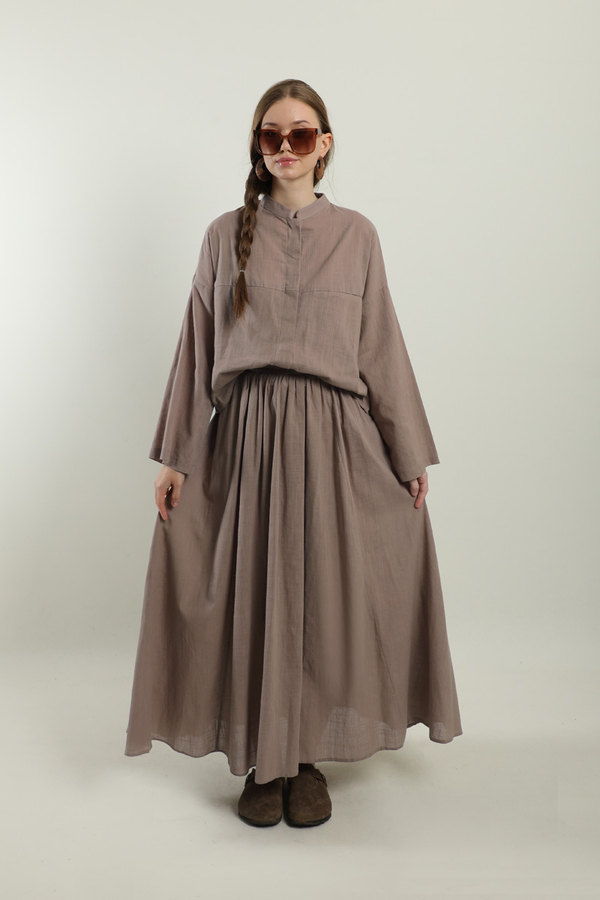 Oversıze Keten Etek Takım Koyu Vizon - 2