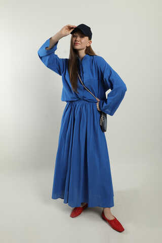 Oversıze Keten Etek Takım Saks Mavisi - 1