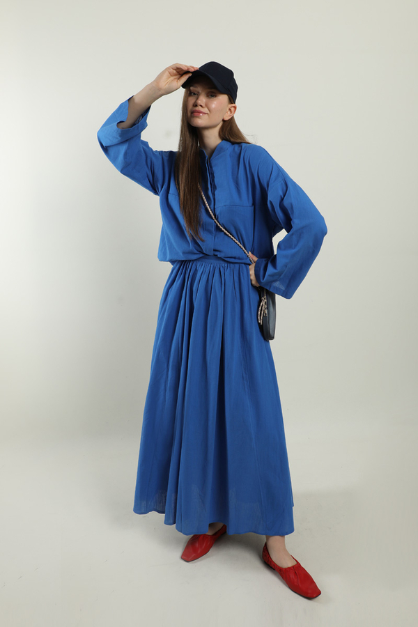 Oversıze Keten Etek Takım Saks Mavisi 