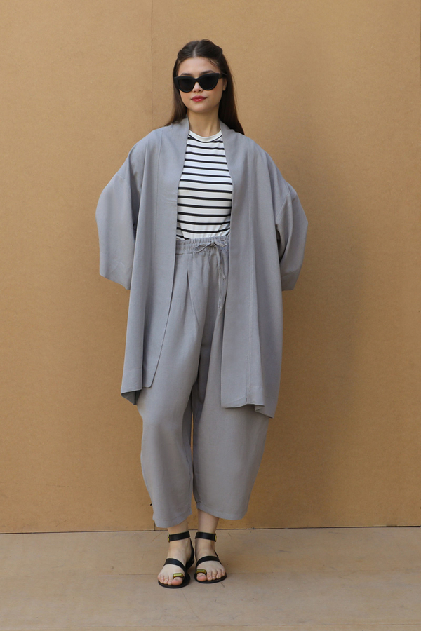 Oversıze  Keten Takım Gri - 1