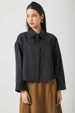 Oversize Kısa Gömlek Siyah - 1