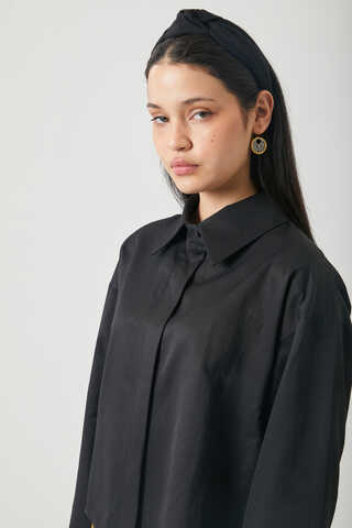 Oversize Kısa Gömlek Siyah - 4