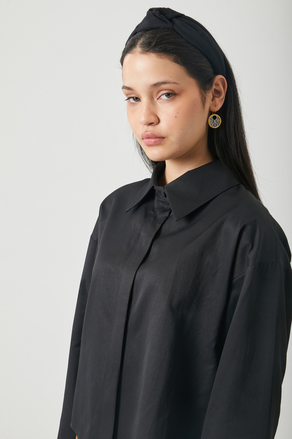 Oversize Kısa Gömlek Siyah - 4