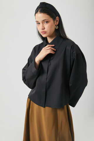 Oversize Kısa Gömlek Siyah - 8