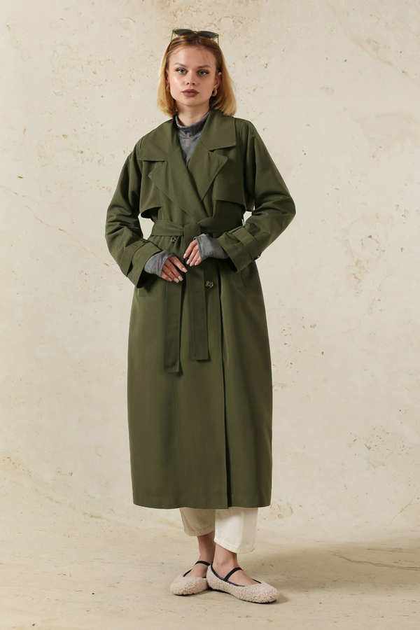 Oversize Kruvaze Trençkot Haki - 1