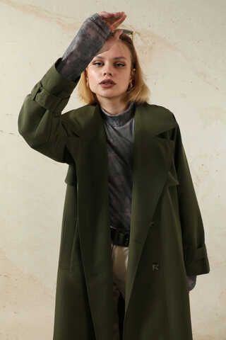 Oversize Kruvaze Trençkot Haki - 2