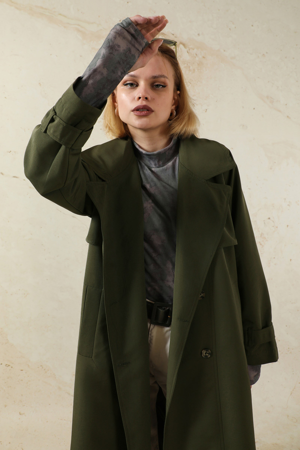 Oversize Kruvaze Trençkot Haki - 2