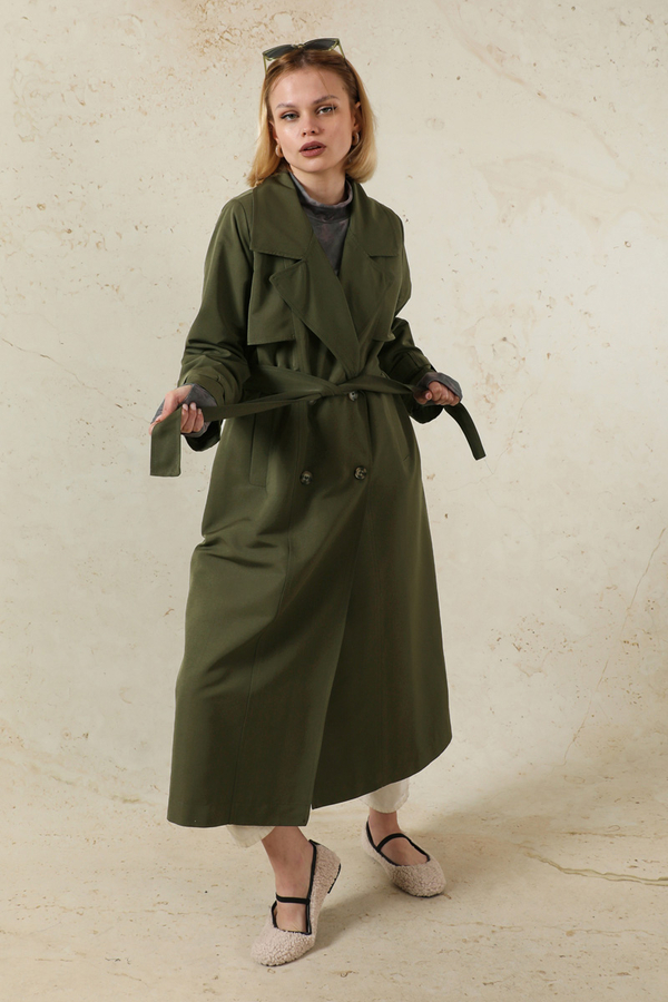 Oversize Kruvaze Trençkot Haki - 5