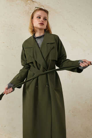 Oversize Kruvaze Trençkot Haki - 3