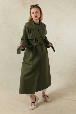 Oversize Kruvaze Trençkot Haki - 5
