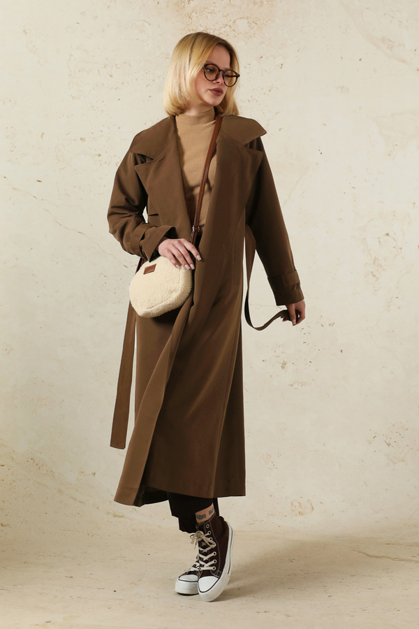 Oversize Kruvaze Trençkot Kahverengi - 3