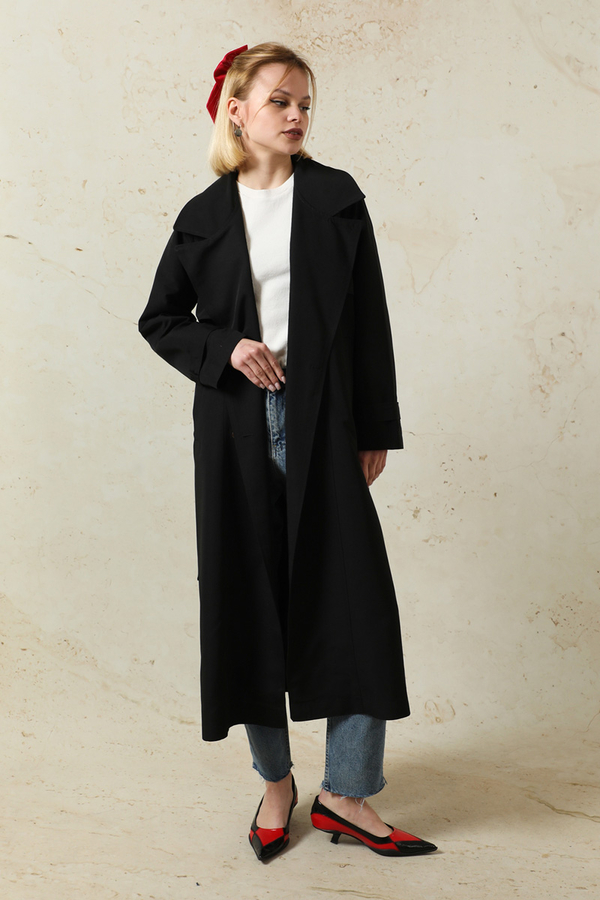 Oversize Kruvaze Trençkot Siyah - 4