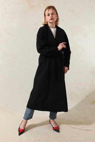 Oversize Kruvaze Trençkot Siyah - 1