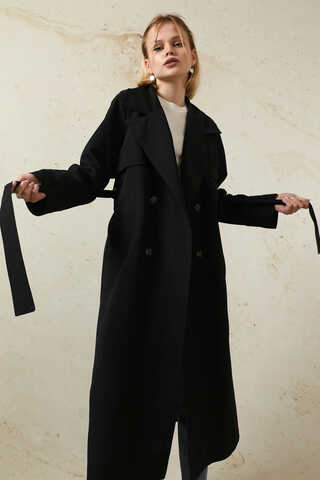 Oversize Kruvaze Trençkot Siyah - 3