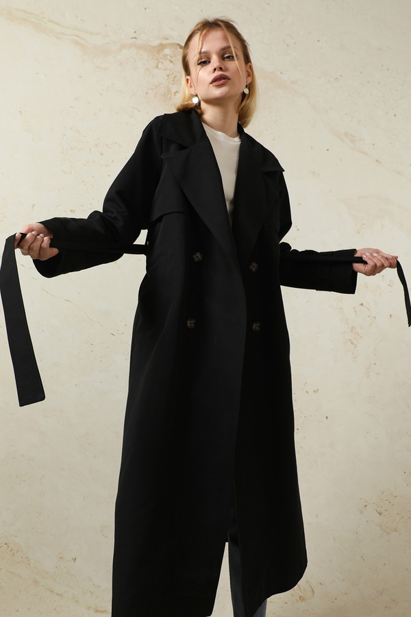 Oversize Kruvaze Trençkot Siyah - 3