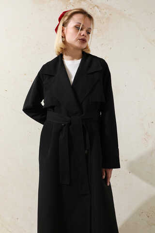 Oversize Kruvaze Trençkot Siyah - 5