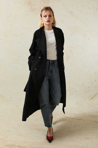Oversize Kruvaze Trençkot Siyah - 6