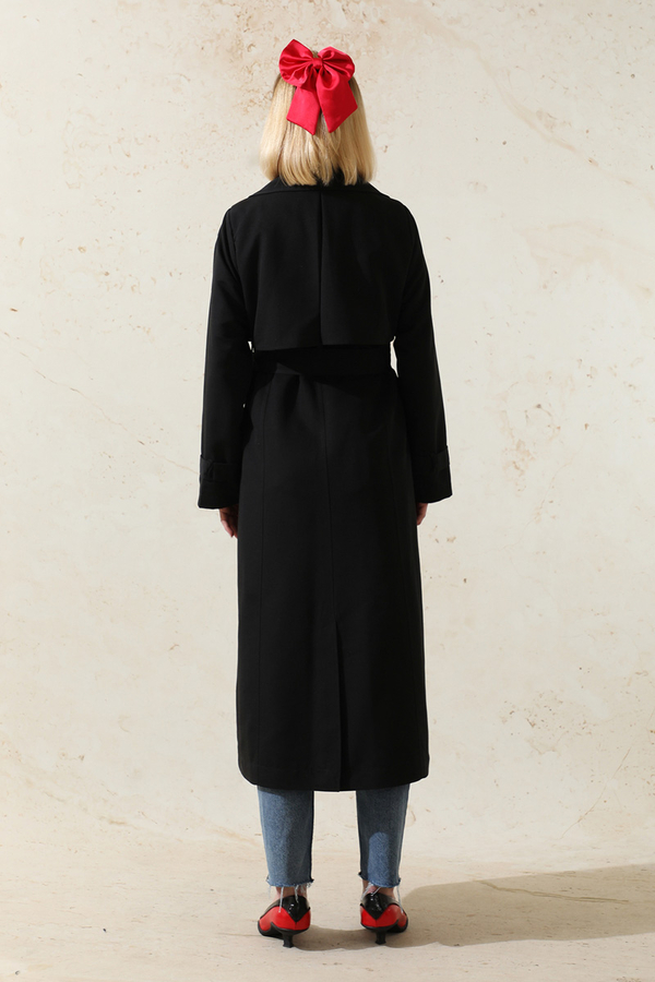 Oversize Kruvaze Trençkot Siyah - 7