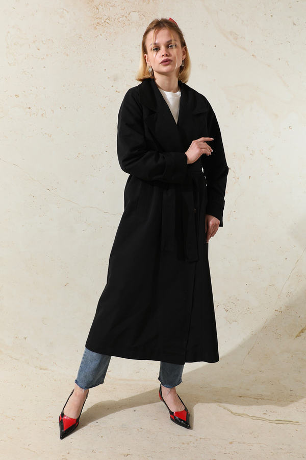 Oversize Kruvaze Trençkot Siyah - 1