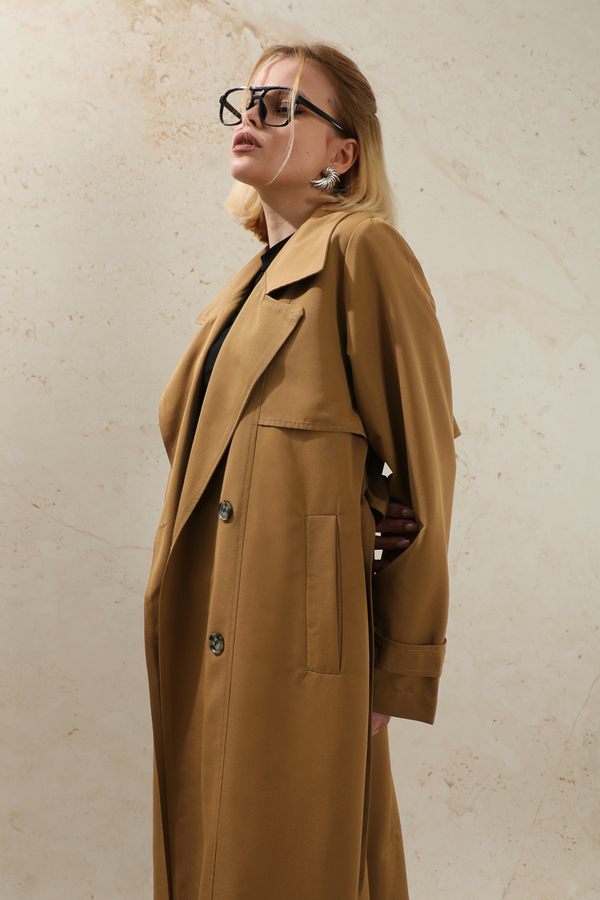 Oversize Kruvaze Trençkot Taba - 4