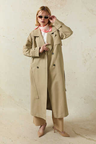 Oversize Kruvaze Trençkot Taş - 1