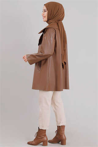 Oversize Leather Jacket Tan - 4