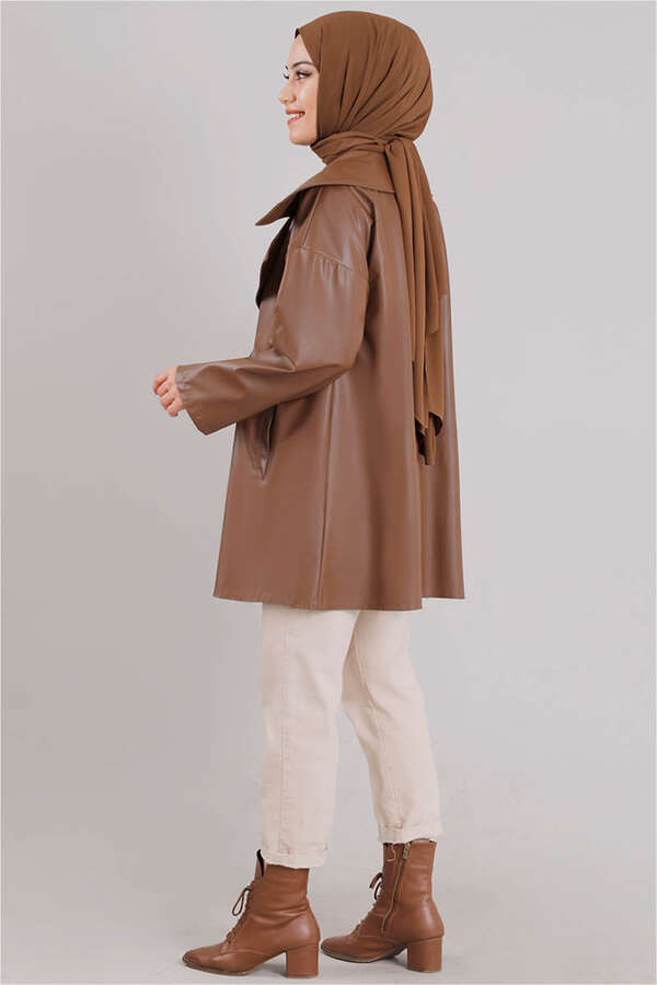 Oversize Leather Jacket Tan - 4