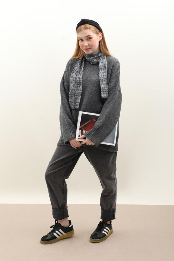 Oversize Ribanalı Kazak Antrasit - 3