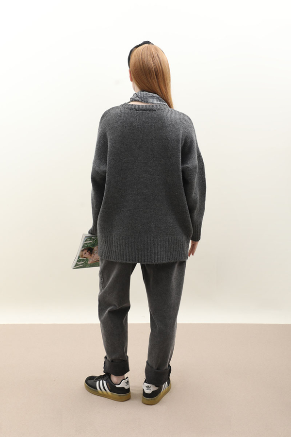 Oversize Ribanalı Kazak Antrasit - 9