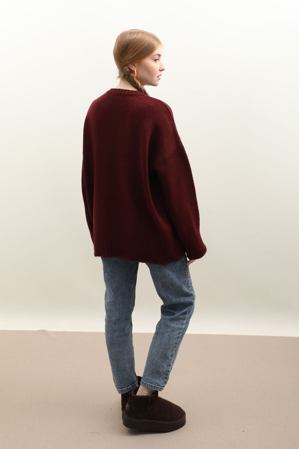 Oversize Ribanalı Kazak Bordo - 9