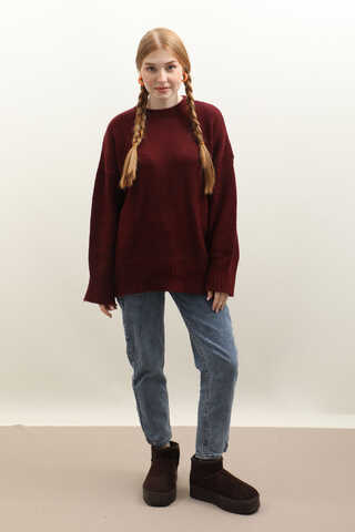 Oversize Ribanalı Kazak Bordo - 2