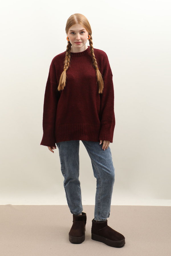 Oversize Ribanalı Kazak Bordo - 2