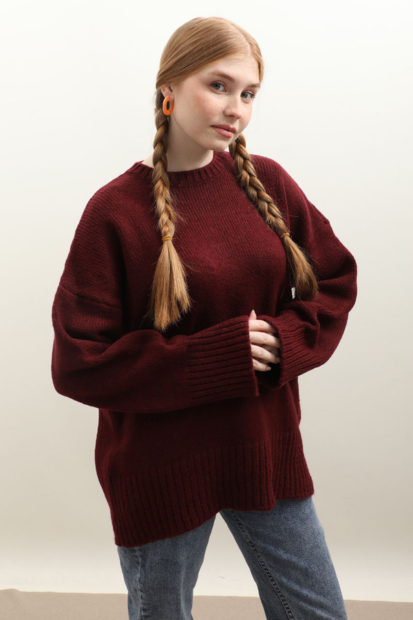 Oversize Ribanalı Kazak Bordo - 3