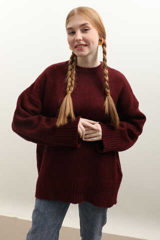 Oversize Ribanalı Kazak Bordo - 1