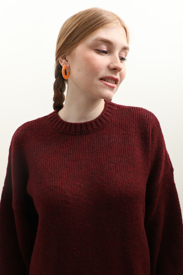 Oversize Ribanalı Kazak Bordo - 4