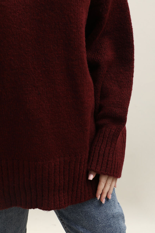 Oversize Ribanalı Kazak Bordo - 5